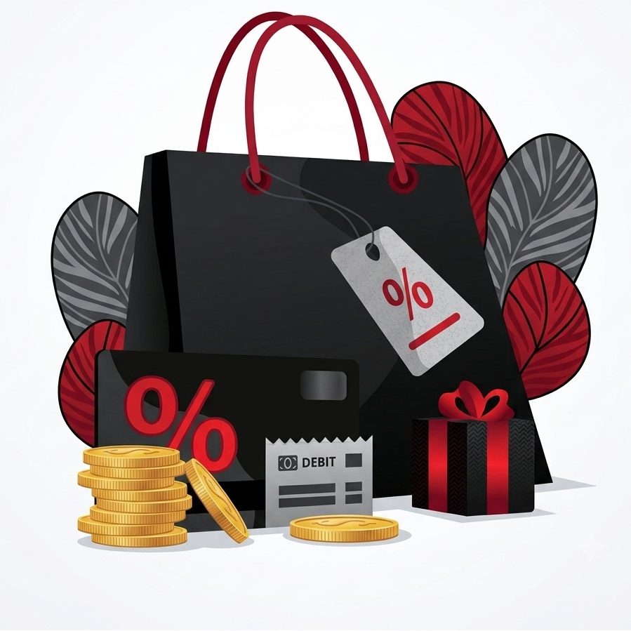 Black shopping bag with red handles, gold coins, and a gift box on a white background